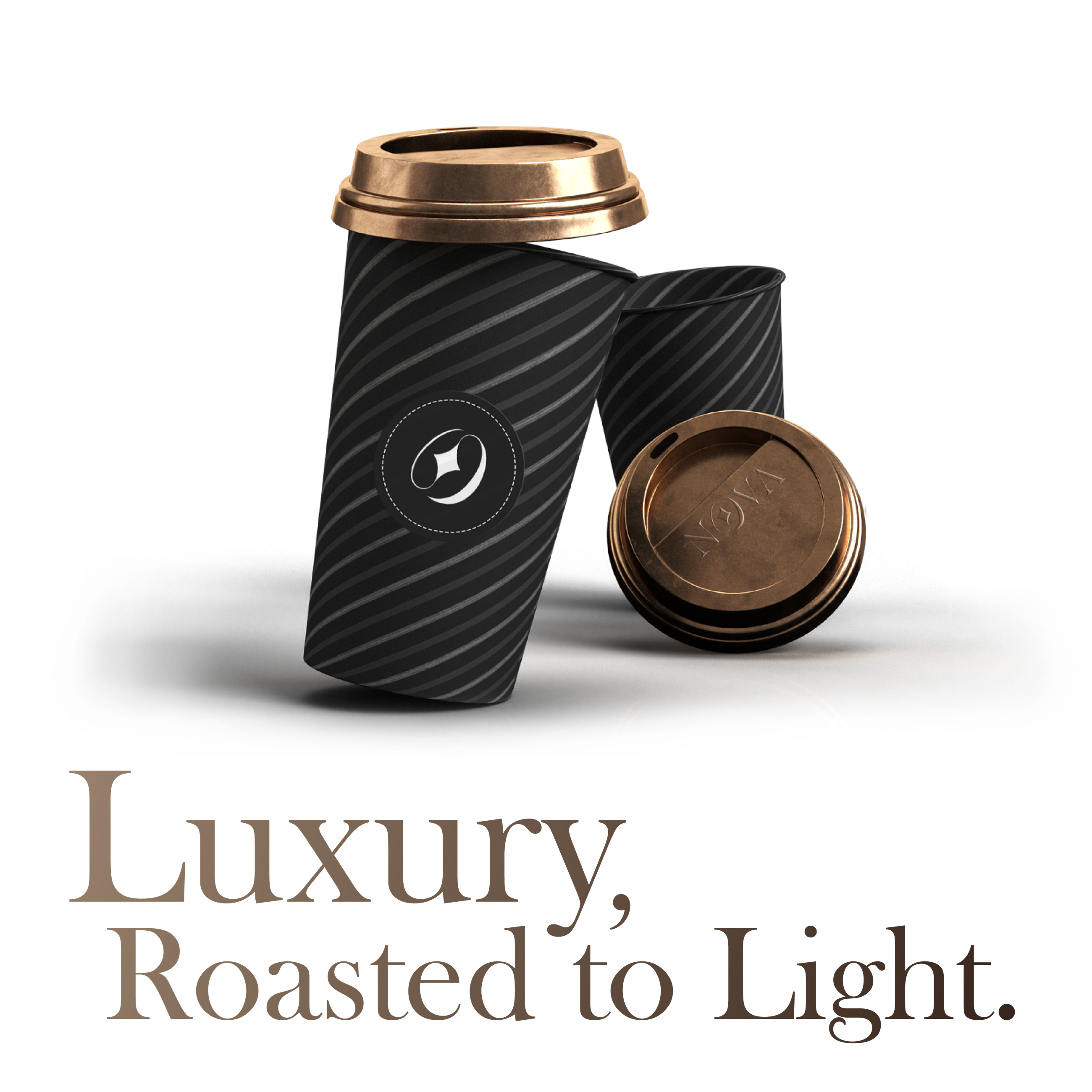 Nova Brew cup mockup, luxury roasted to light